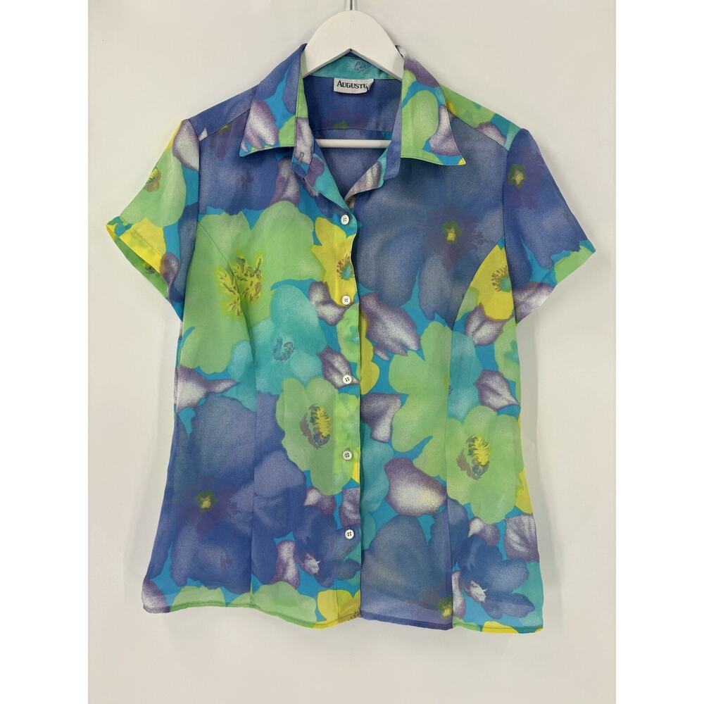 Augustus Vintage Blouse Womens 14 Green Blue Floral Hippie Sheer Button Front